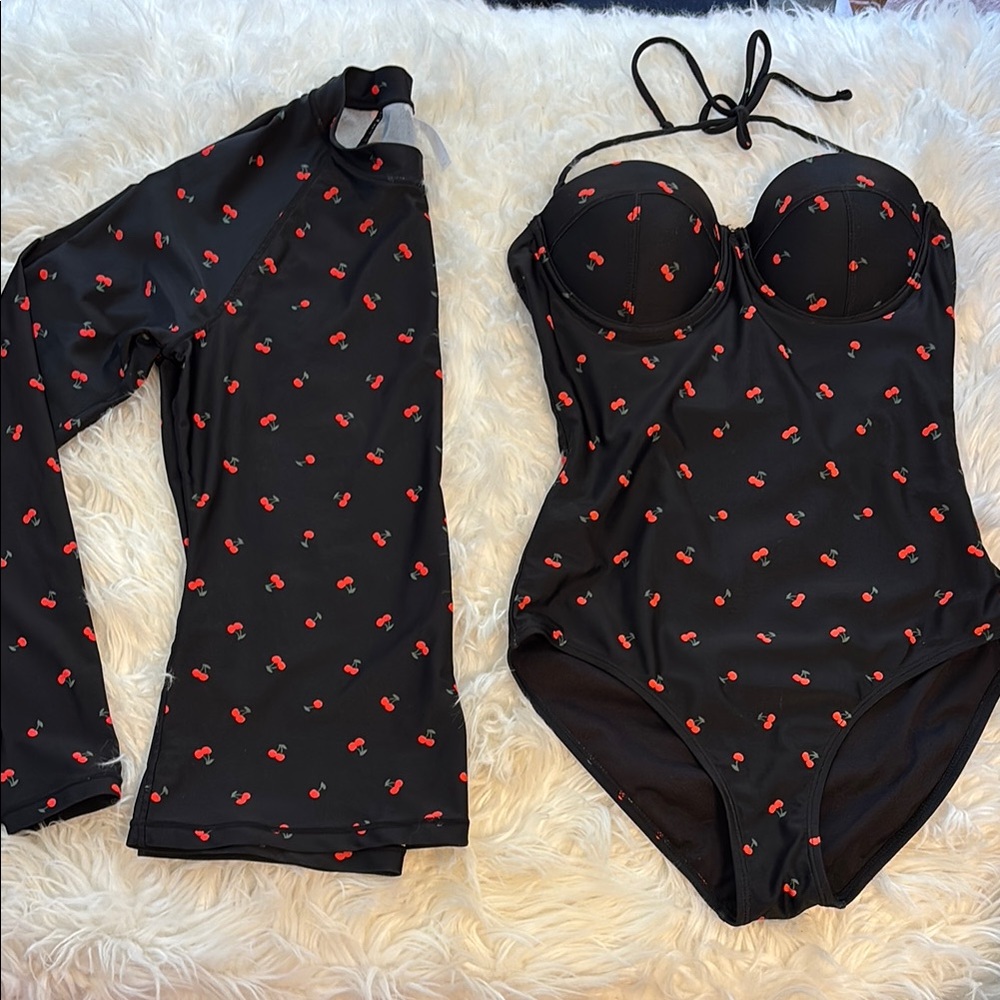 Gap Cherries Black Red Swimsuit With Matching Rash Guard Sz S